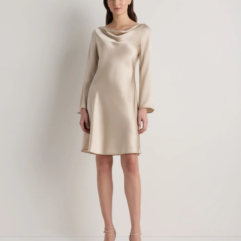 Quince 100% Washable Silk Long Sleeve Mini Dress in Champagne XS